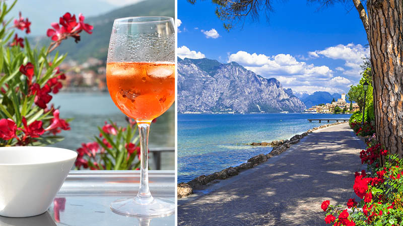 Dryck och utsikt från promenad vid Gardasjön i Italien.